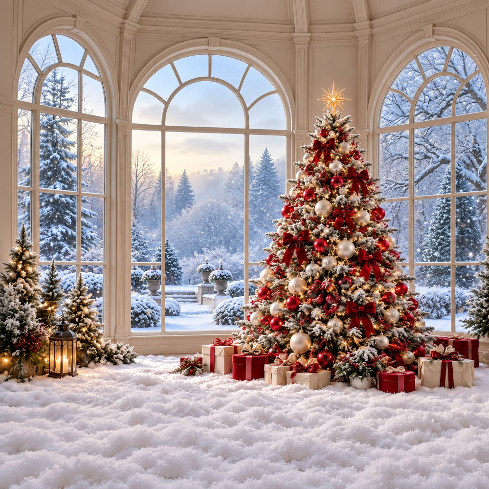 Christmas Forest Backdrop Snowy Window Decorated Tree Christmas Backdrop for Photo UK HQ610-183