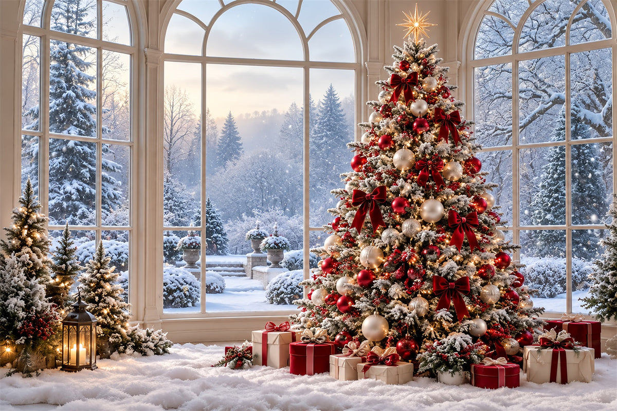 Christmas Forest Backdrop Snowy Window Decorated Tree Christmas Backdrop for Photo UK HQ610-183