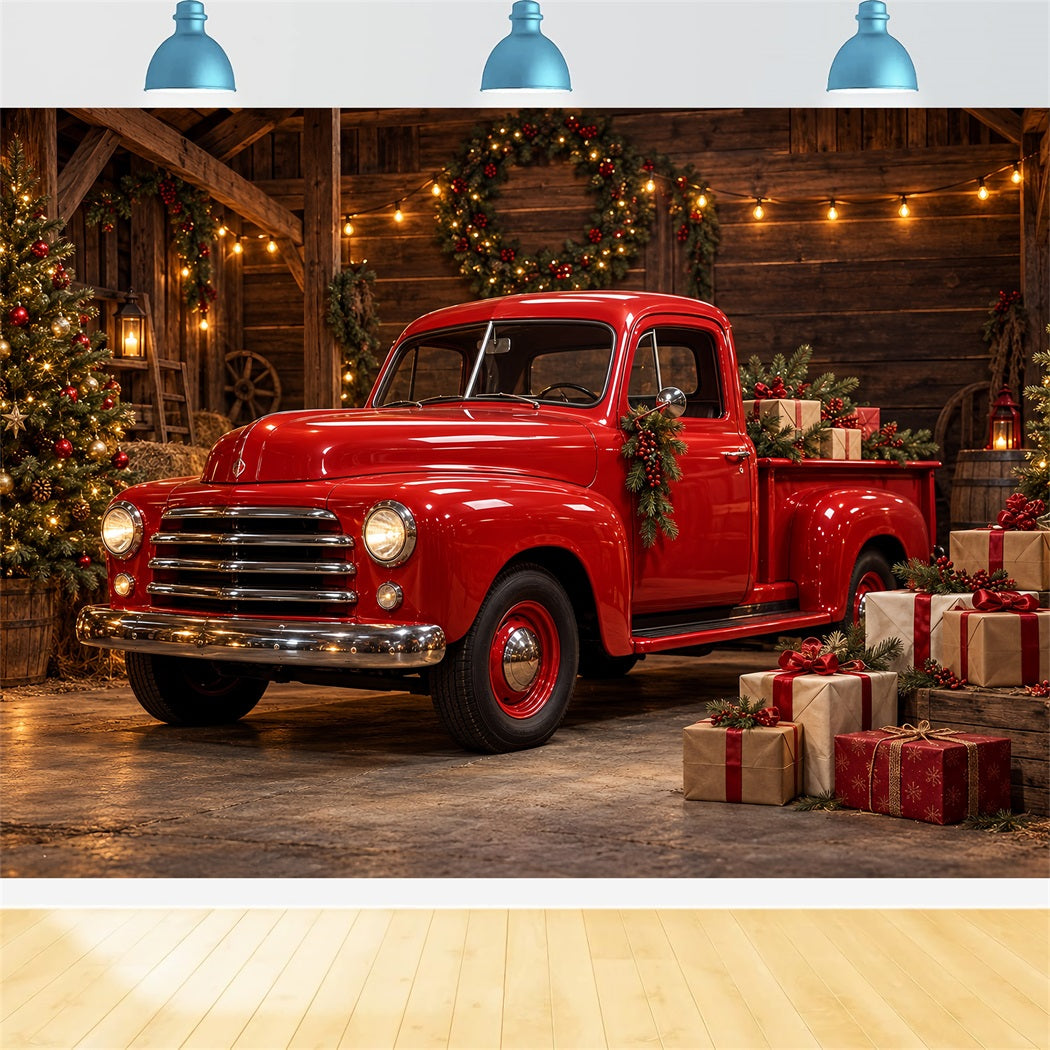 Christmas Photography Backdrop Vintage Red Truck Barn Merry Christmas Backdrops UK HQ610-184