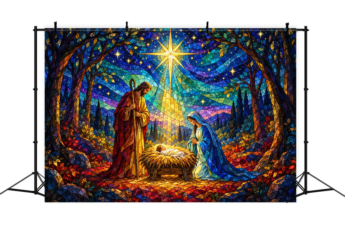 Nativity Scene Backdrop Stained Glass Bethlehem Star Christmas Backdrop Sale UK HQ610-187