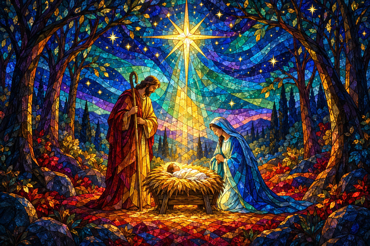 Nativity Scene Backdrop Stained Glass Bethlehem Star Christmas Backdrop Sale UK HQ610-187