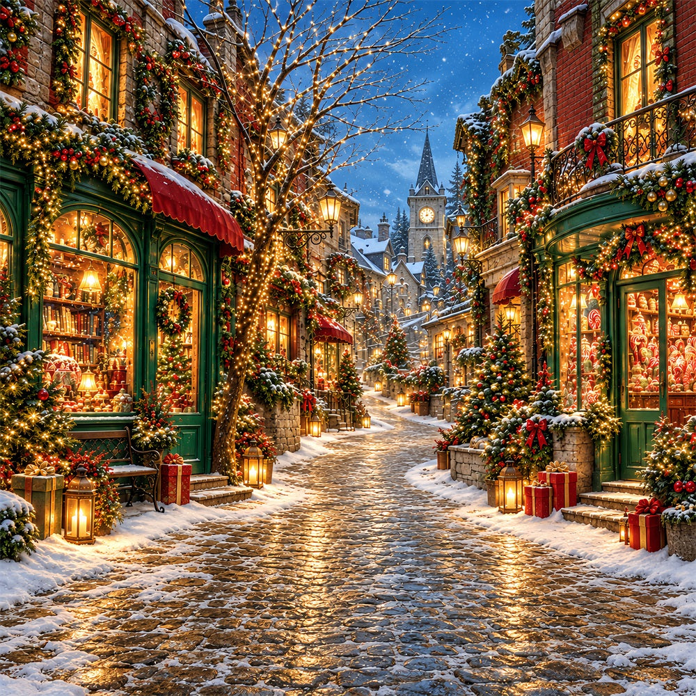 Christmas Village Backdrops Snowy Lantern Street Shop Backdrops for Christmas Photos UK HQ610-189
