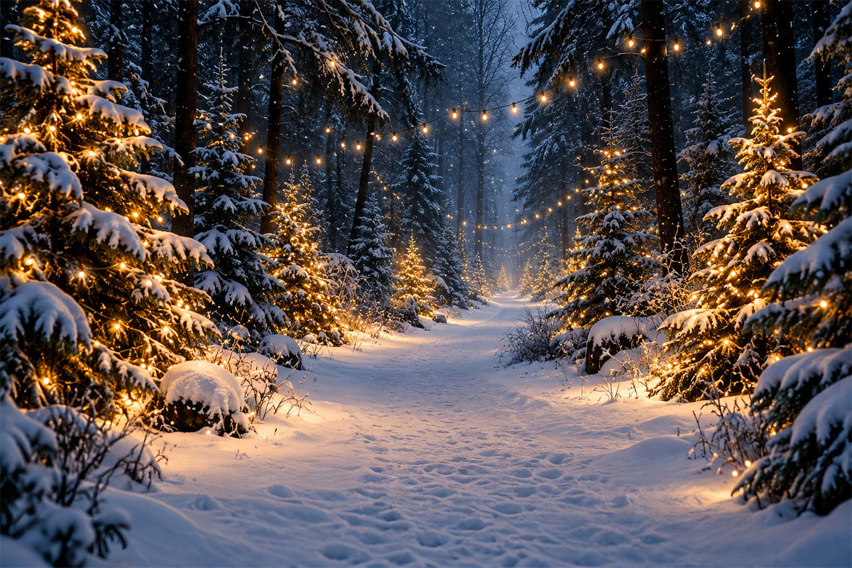 Christmas Tree Farm Photo Backdrop Glowing Snowy Forest Path Photography Backdrop Christmas UK HQ610-190