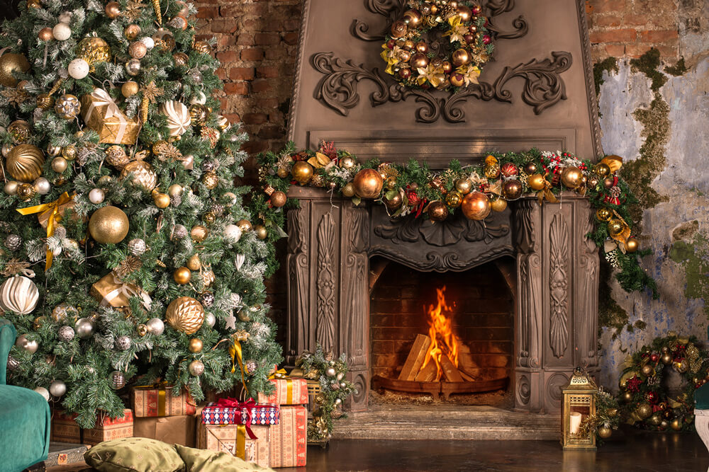 Christmas Tree Gifts Fireplace Photo Booth Backdrops KAT-31