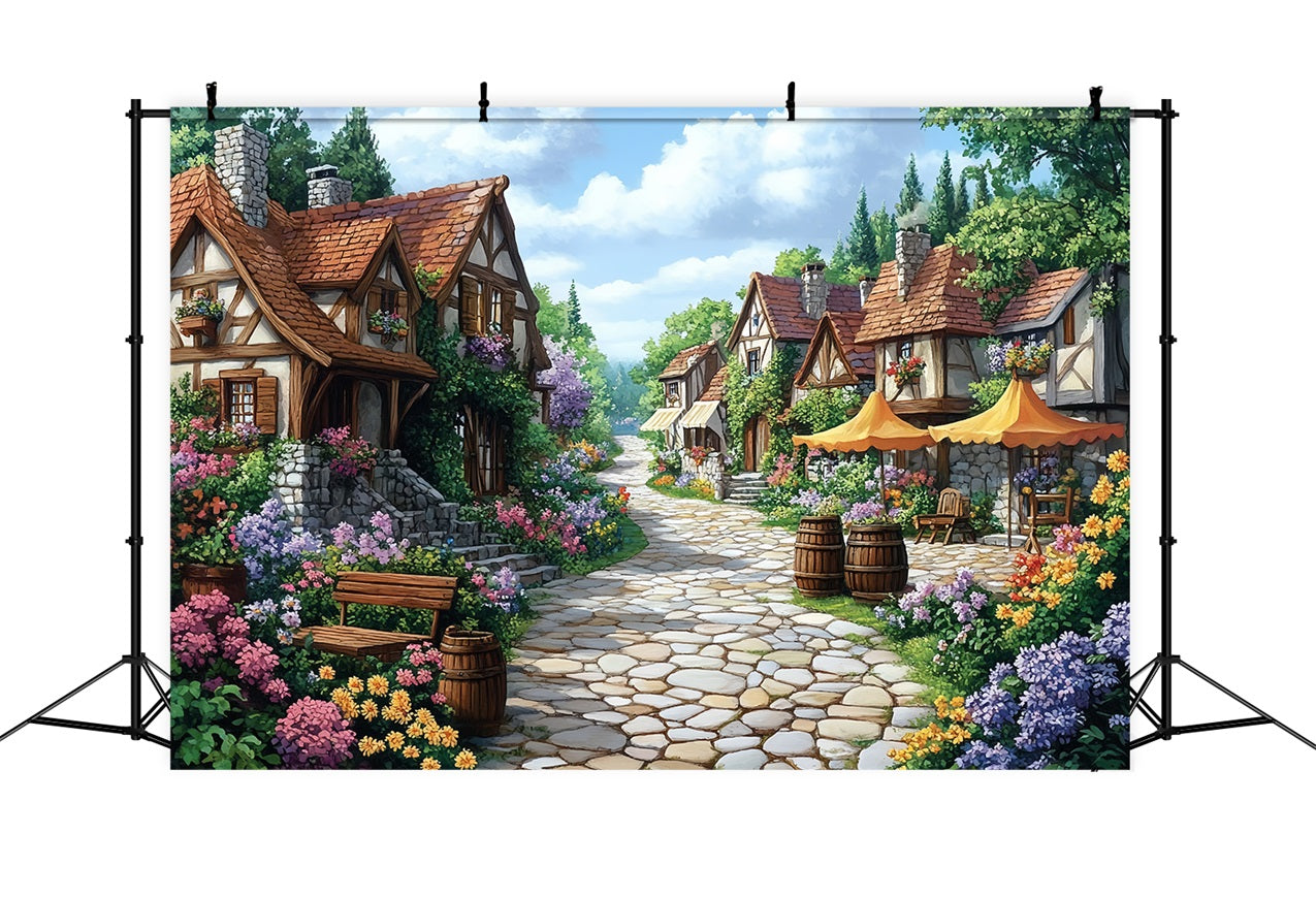 Spring Backdrop Flowers Path Cozy Village Lane Backdrop UK LXX1-10