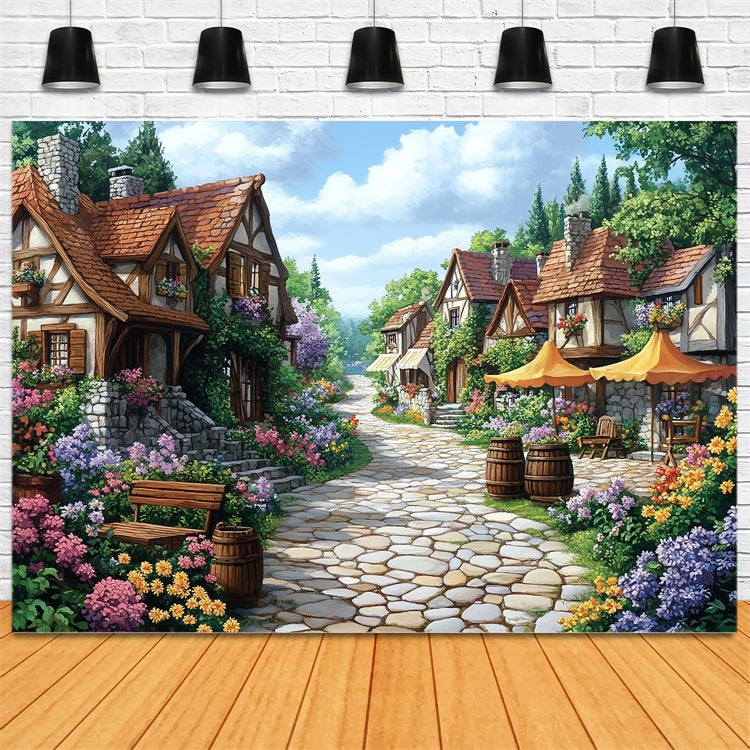 Spring Backdrop Flowers Path Cozy Village Lane Backdrop UK LXX1-10