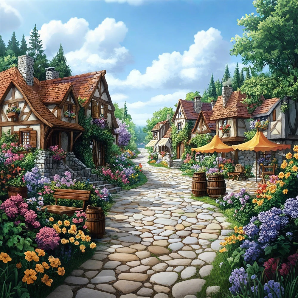 Spring Backdrop Flowers Path Cozy Village Lane Backdrop UK LXX1-10