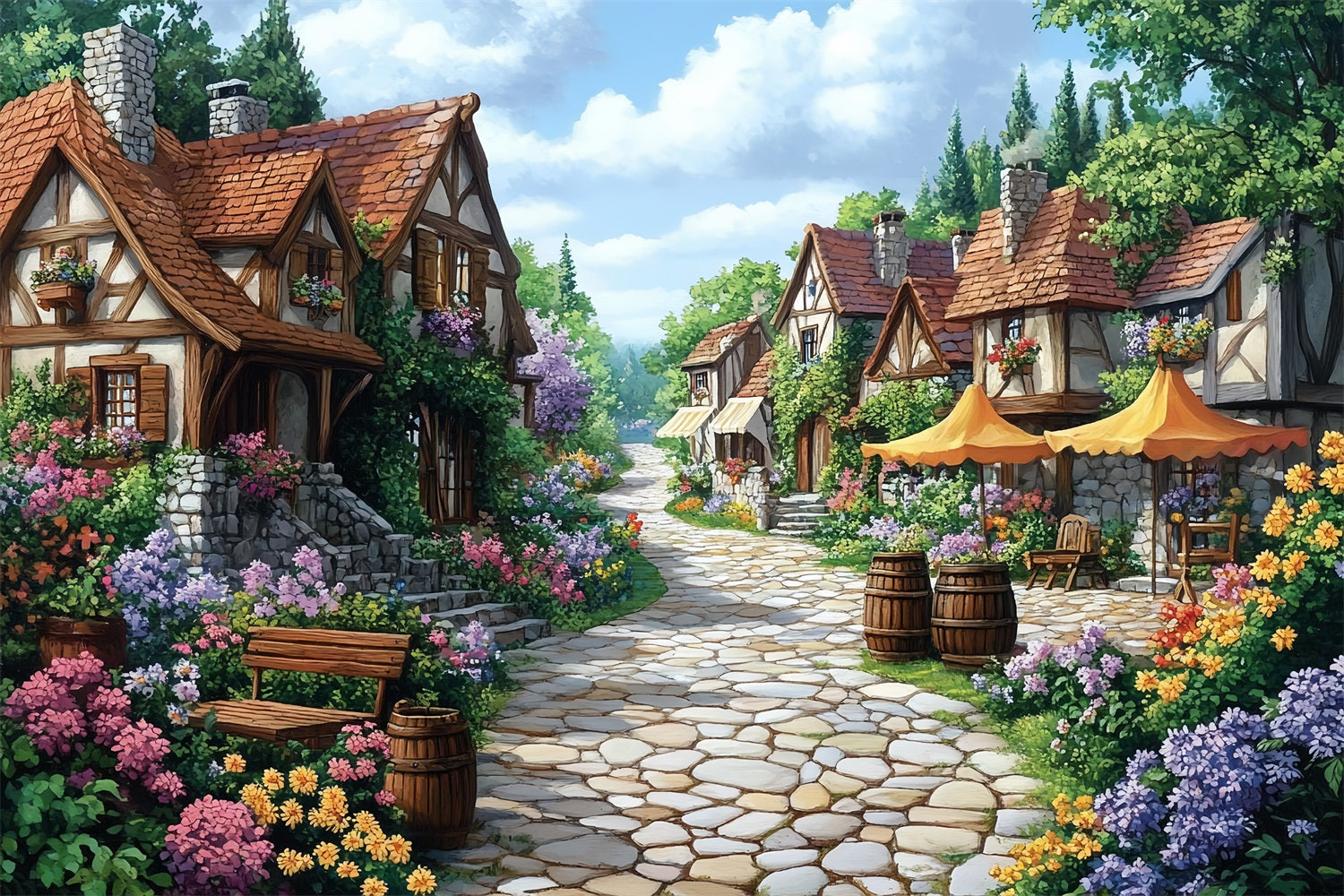 Spring Backdrop Flowers Path Cozy Village Lane Backdrop UK LXX1-10