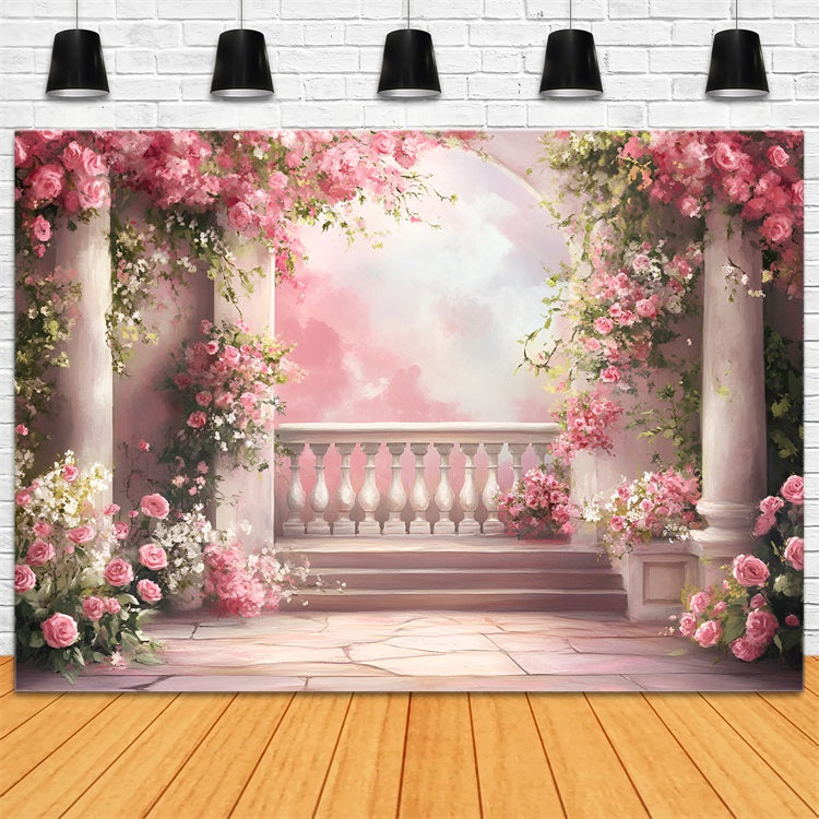 Spring Backdrops Dreamy Balcony Cascading Pink Roses Backdrop UK LXX1-103