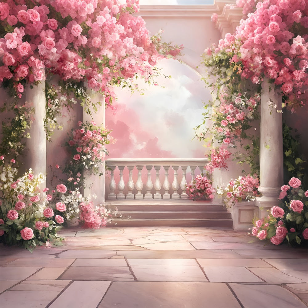 Spring Backdrops Dreamy Balcony Cascading Pink Roses Backdrop UK LXX1-103