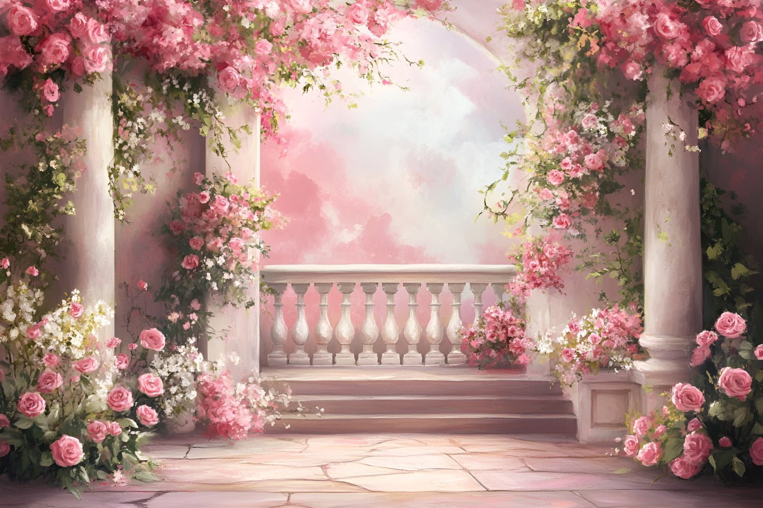 Spring Backdrops Dreamy Balcony Cascading Pink Roses Backdrop UK LXX1-103