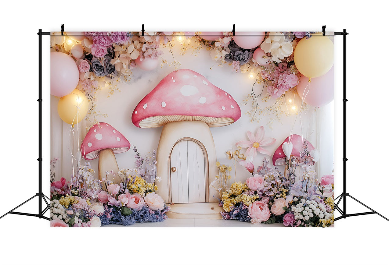 Spring Backdrops Photography Whimsy Mushroom Cottage Flowers Backdrop UK LXX1-104