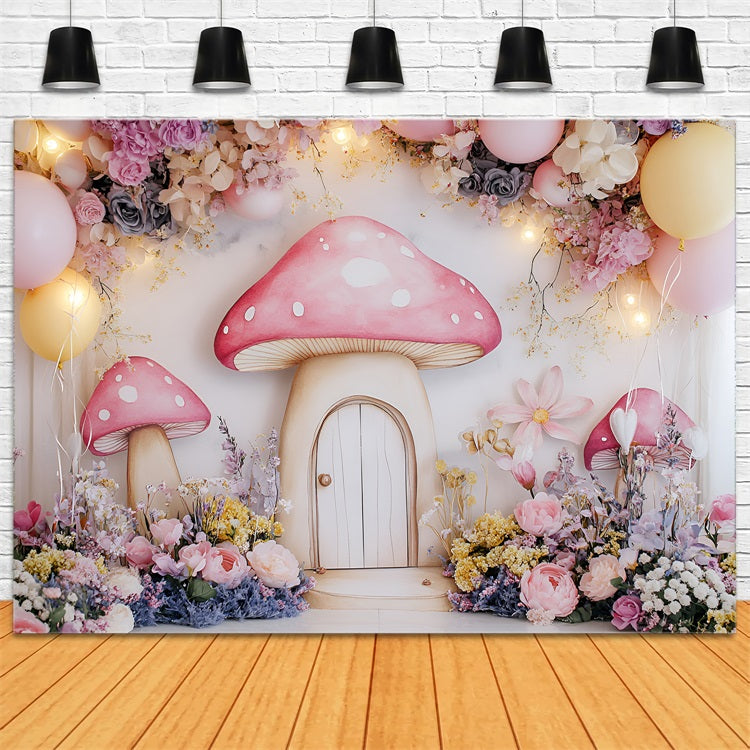 Spring Backdrops Photography Whimsy Mushroom Cottage Flowers Backdrop UK LXX1-104