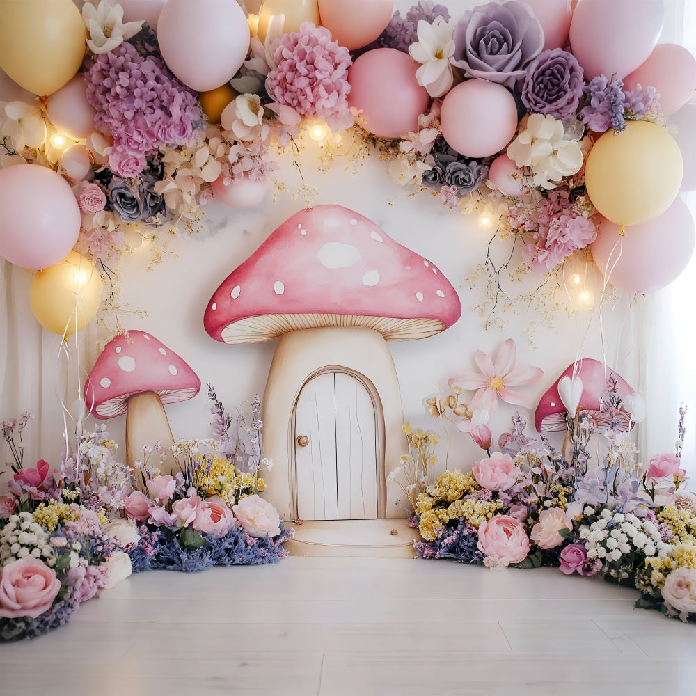 Spring Backdrops Photography Whimsy Mushroom Cottage Flowers Backdrop UK LXX1-104