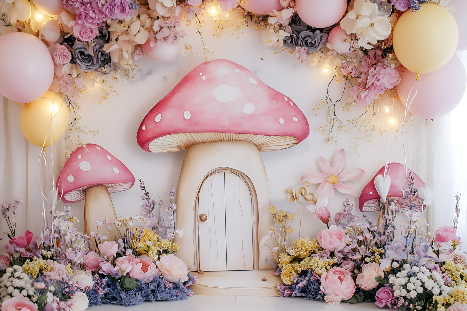 Spring Backdrops Photography Whimsy Mushroom Cottage Flowers Backdrop UK LXX1-104