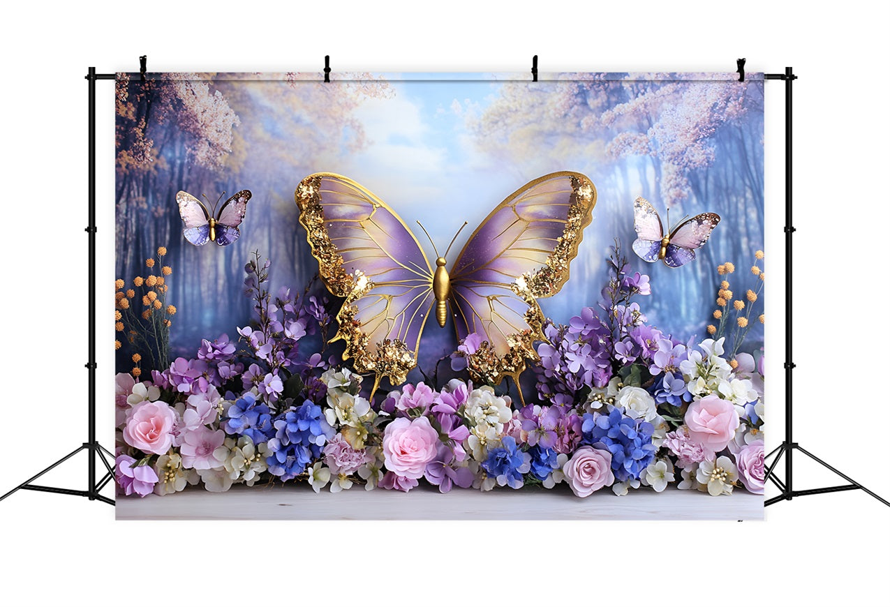 Spring Backdrop Photography Fairyland Purple Gold Butterfly Backdrop UK LXX1-106