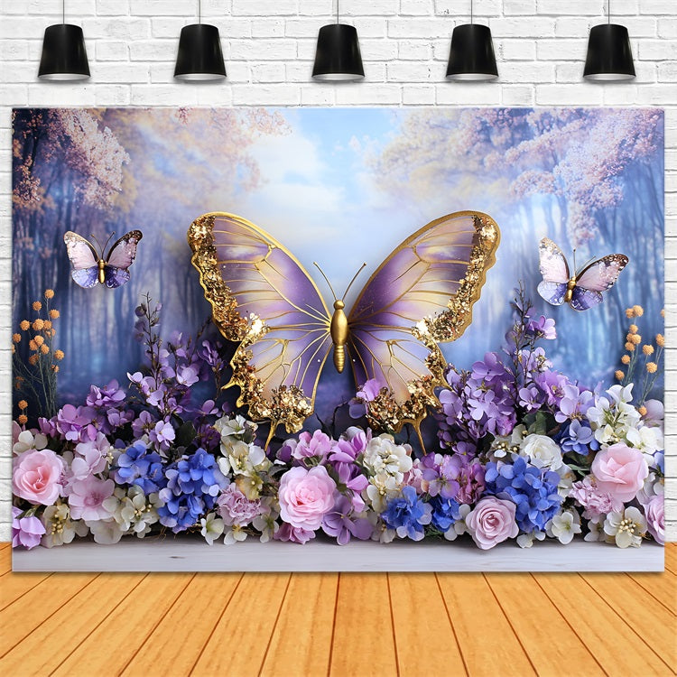 Spring Backdrop Photography Fairyland Purple Gold Butterfly Backdrop UK LXX1-106