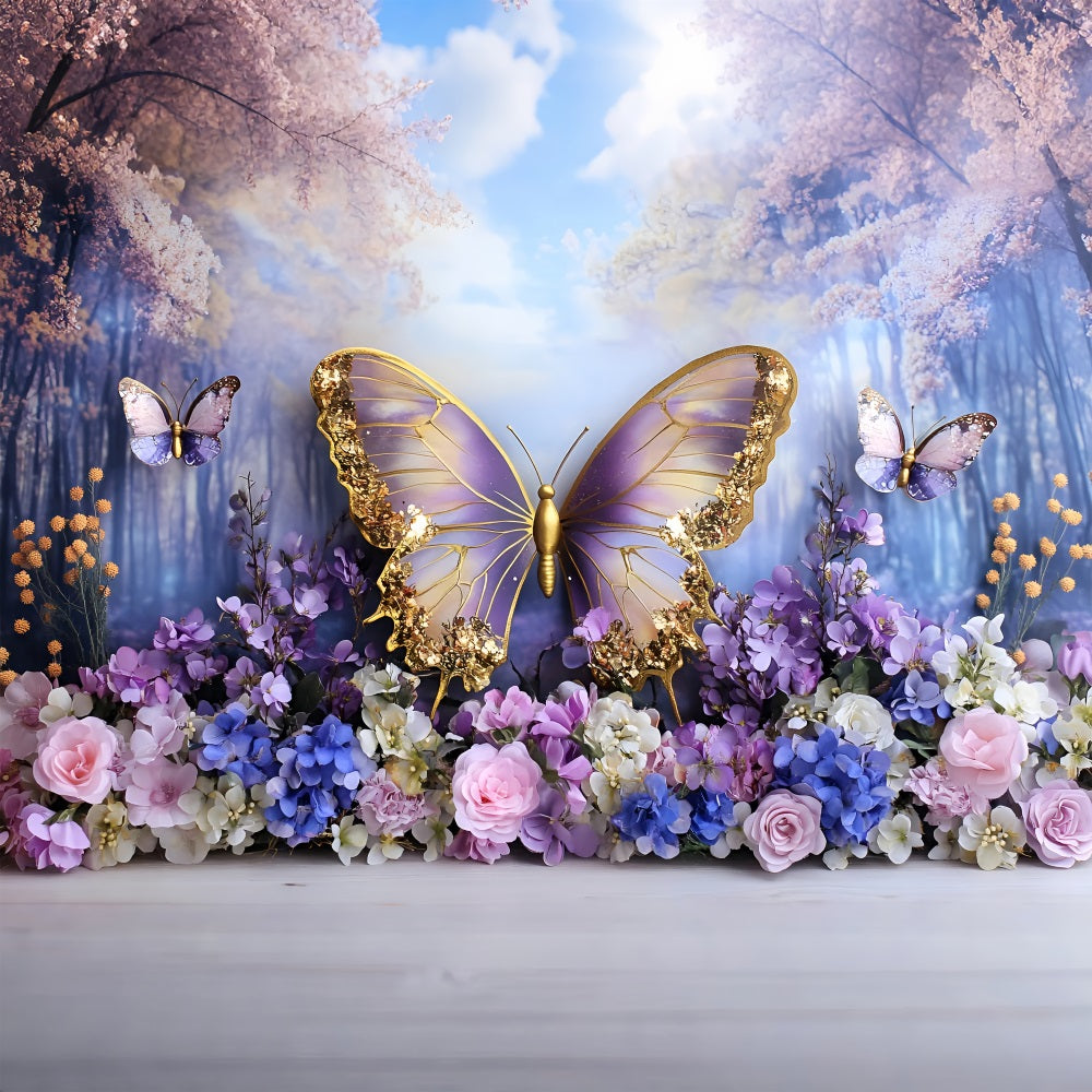 Spring Backdrop Photography Fairyland Purple Gold Butterfly Backdrop UK LXX1-106