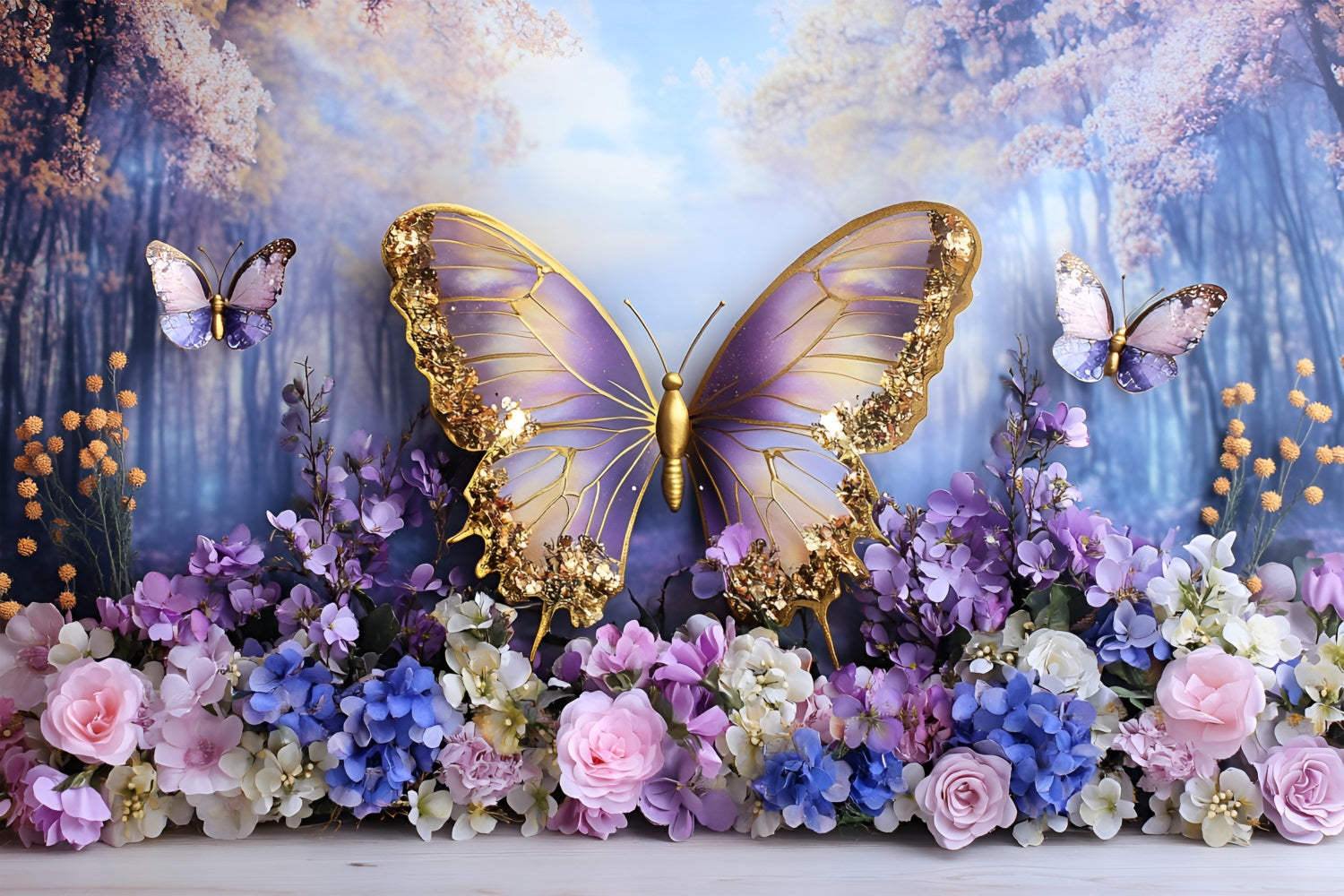 Spring Backdrop Photography Fairyland Purple Gold Butterfly Backdrop UK LXX1-106