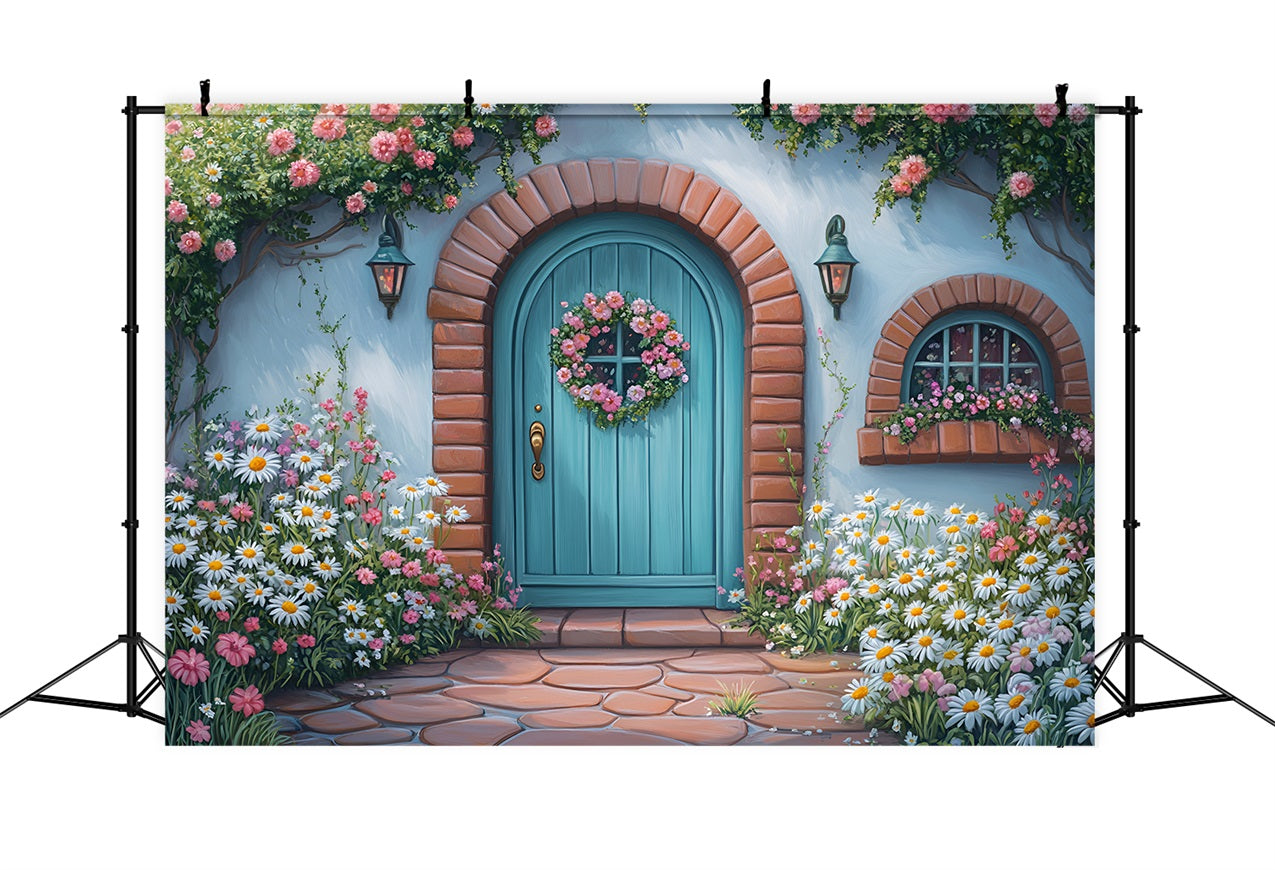 Photography Backdrops Spring Blue Door Pink Roses Backdrop UK LXX1-109