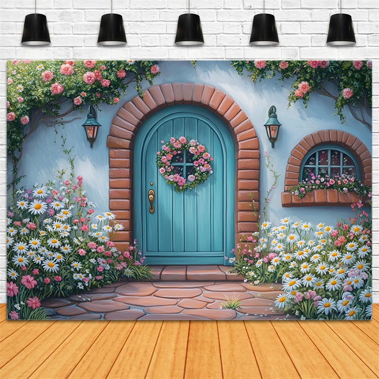 Photography Backdrops Spring Blue Door Pink Roses Backdrop UK LXX1-109