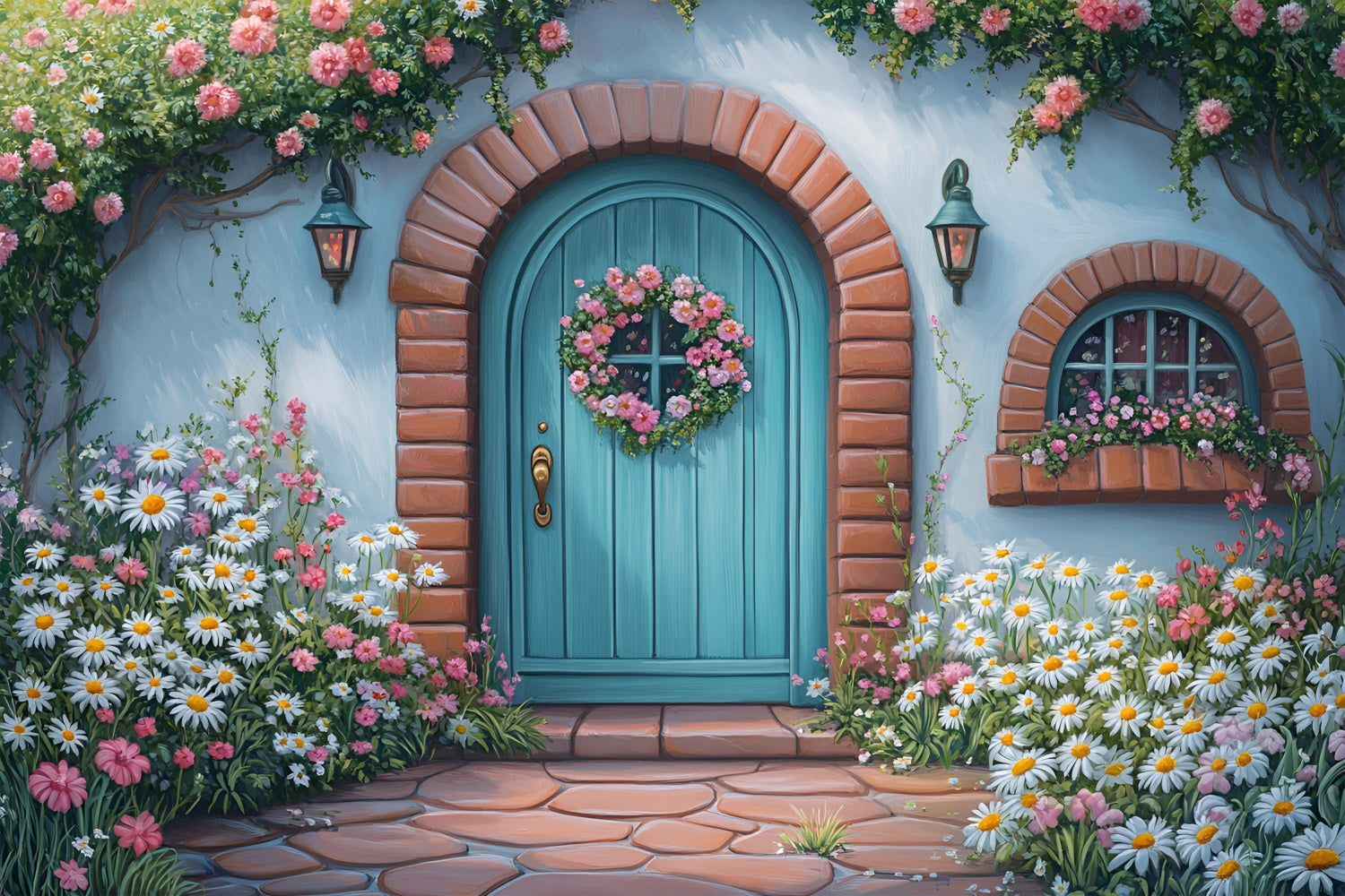 Photography Backdrops Spring Blue Door Pink Roses Backdrop UK LXX1-109