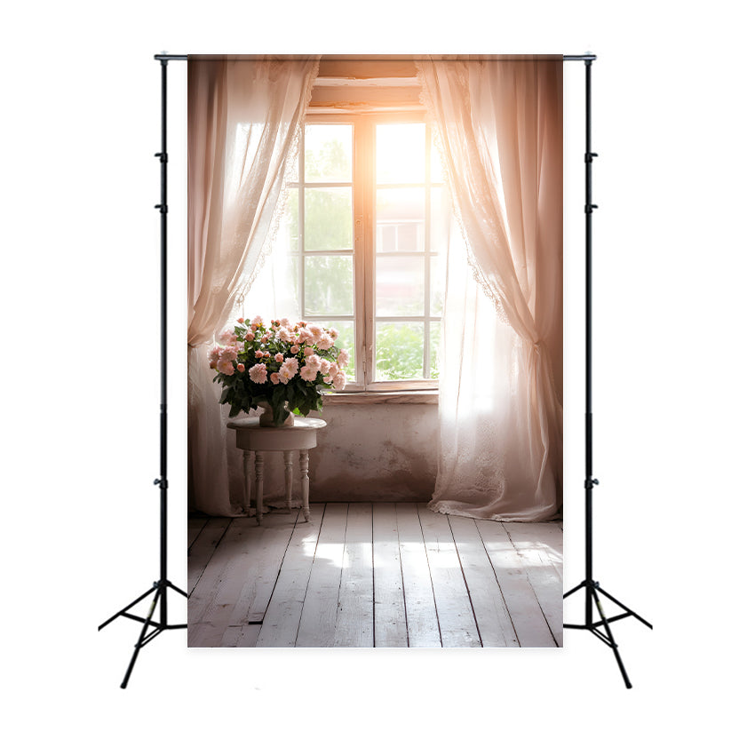 Spring Themed Backdrop Rustic Window Pink Flowers Backdrop UK LXX1-131