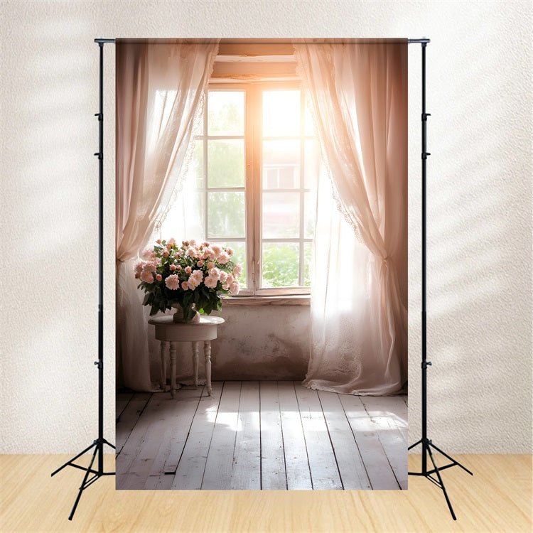 Spring Themed Backdrop Rustic Window Pink Flowers Backdrop UK LXX1-131