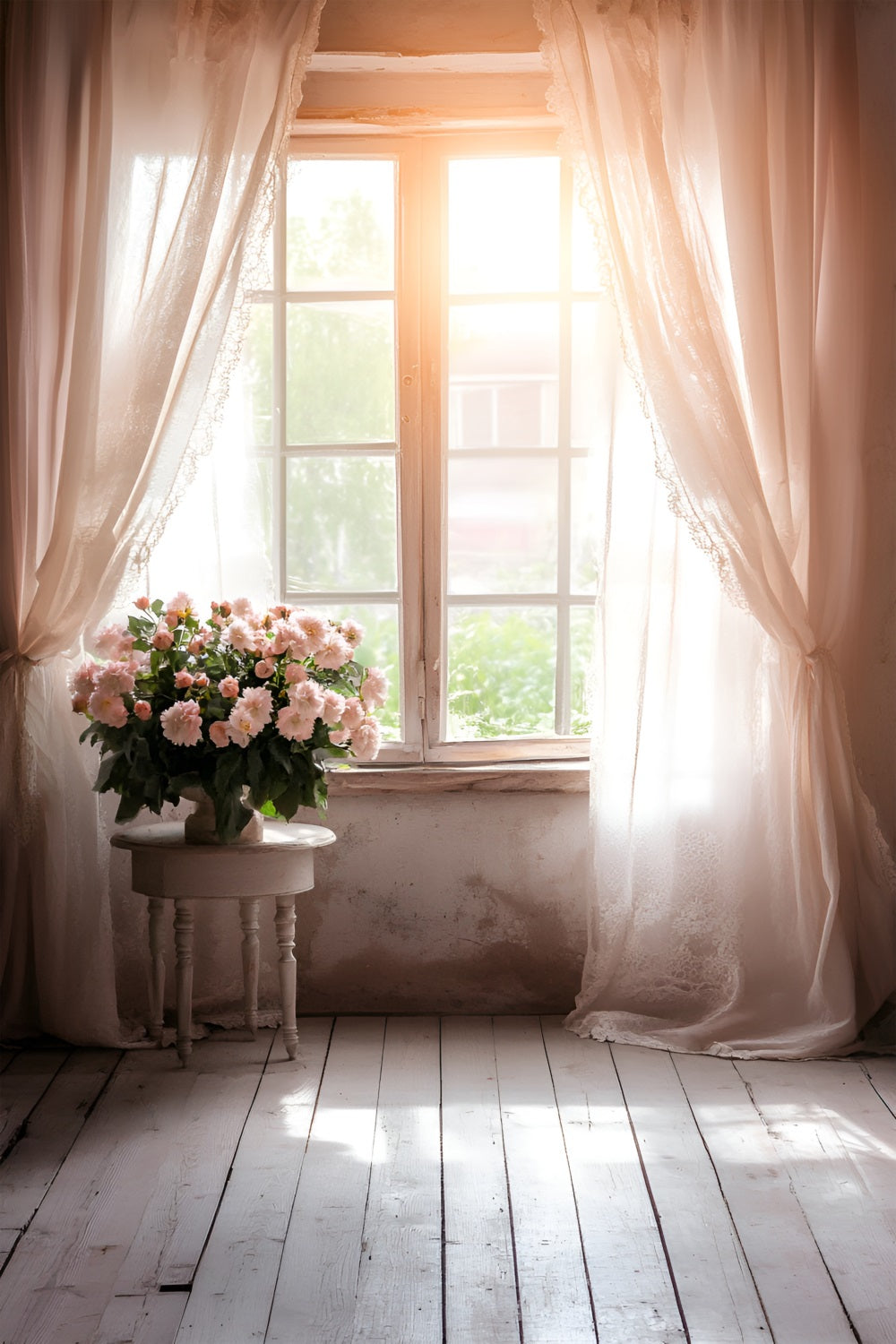 Spring Themed Backdrop Rustic Window Pink Flowers Backdrop UK LXX1-131