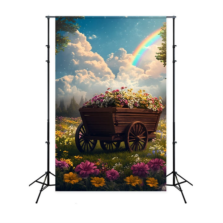 Spring Flowers Backdrop Wooden Cart Rainbow Backdrop UK LXX1-133