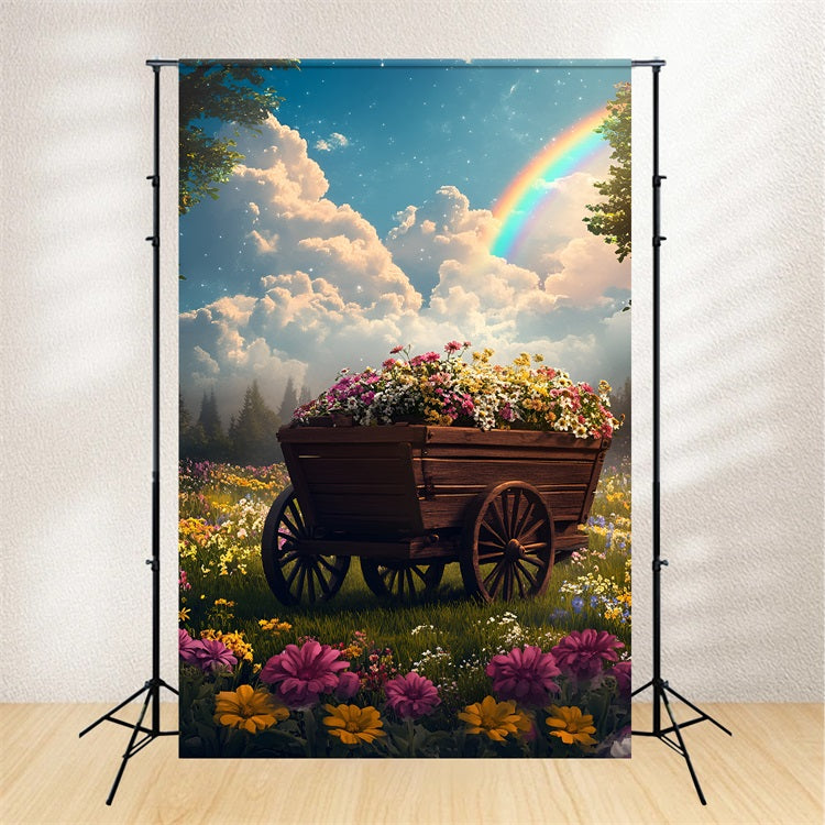 Spring Flowers Backdrop Wooden Cart Rainbow Backdrop UK LXX1-133