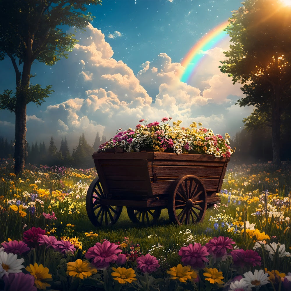 Spring Flowers Backdrop Wooden Cart Rainbow Backdrop UK LXX1-133