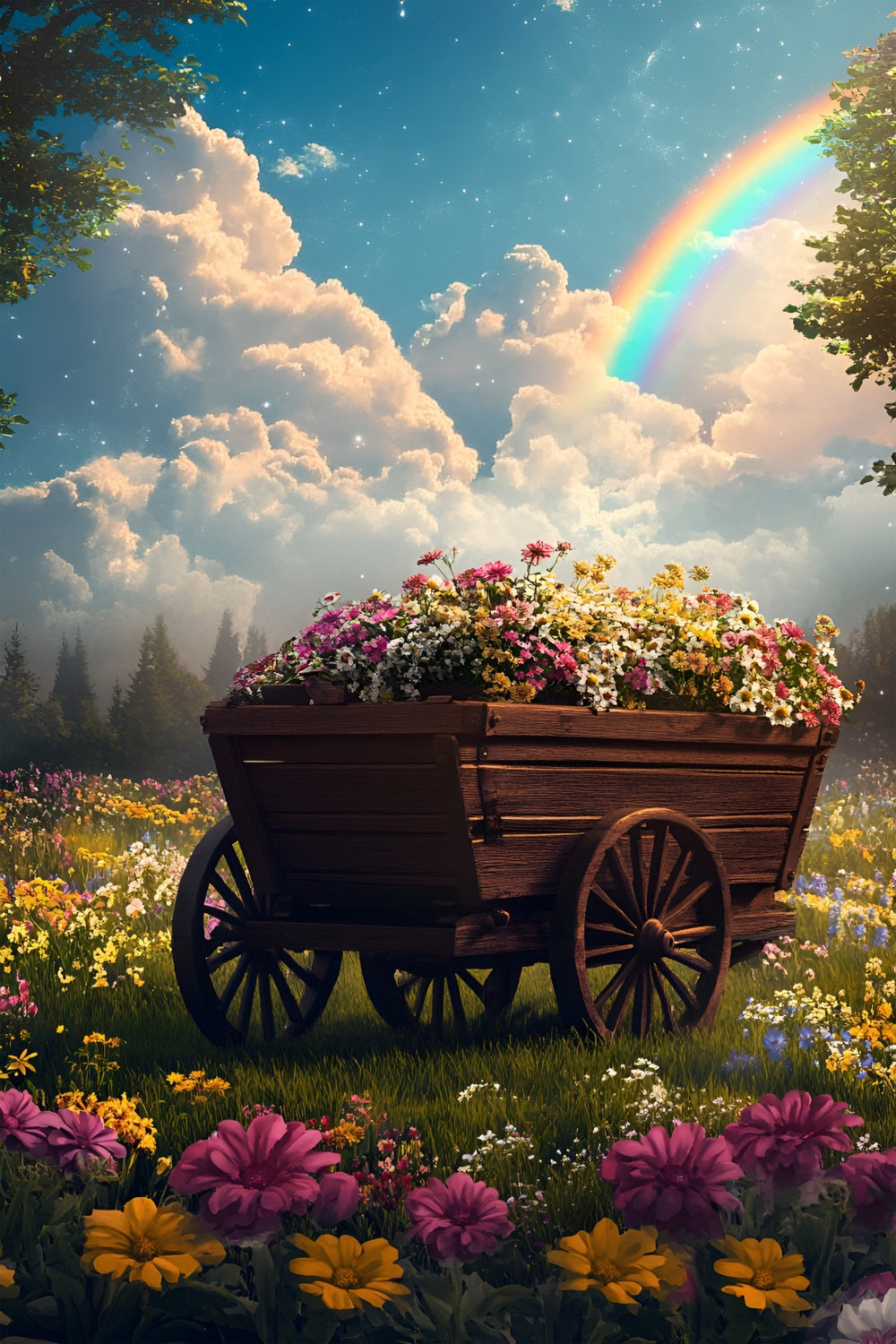 Spring Flowers Backdrop Wooden Cart Rainbow Backdrop UK LXX1-133