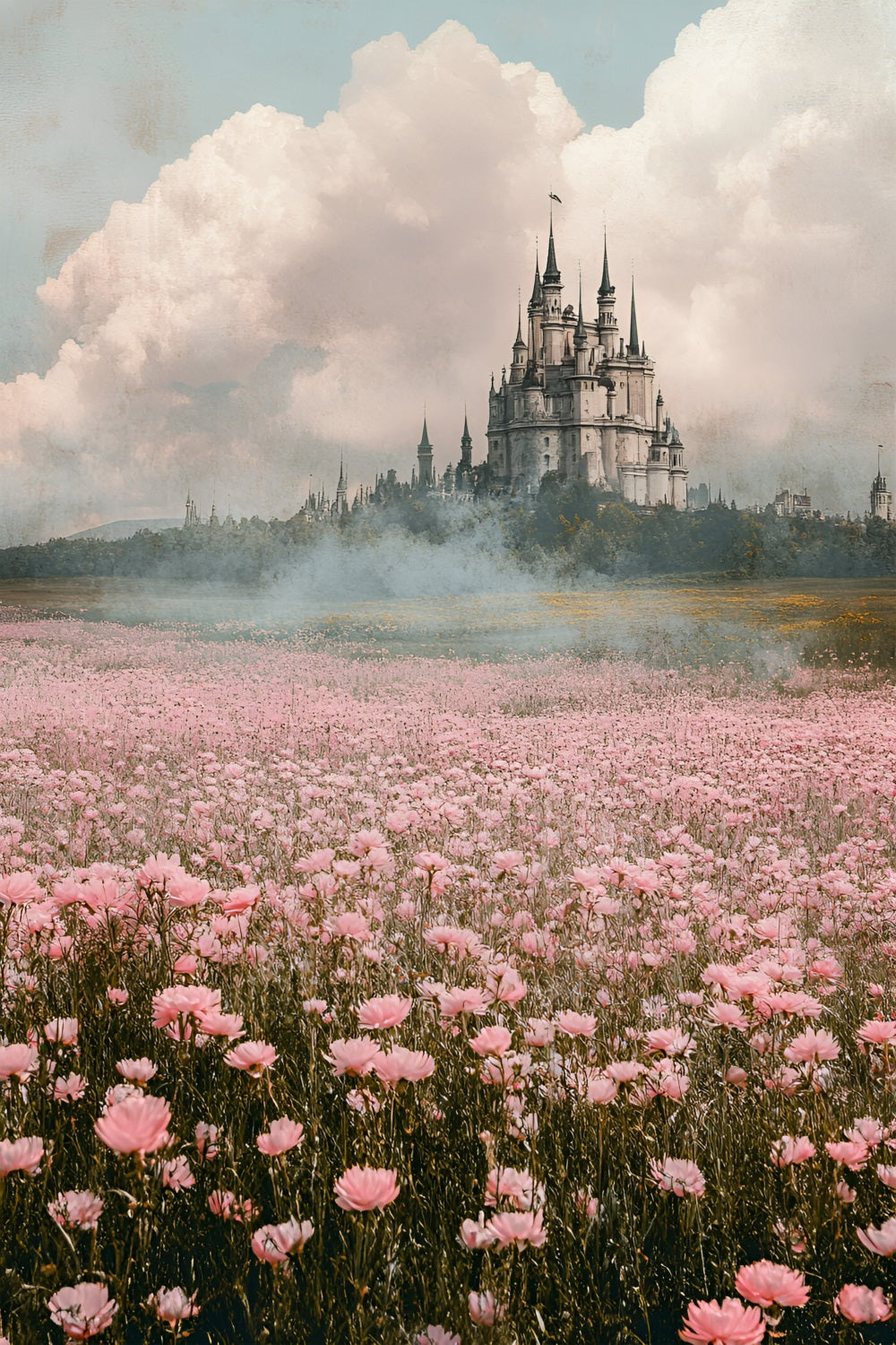 Springtime Backdrop Fantasy Castle Pink Meadow Backdrop UK LXX1-134