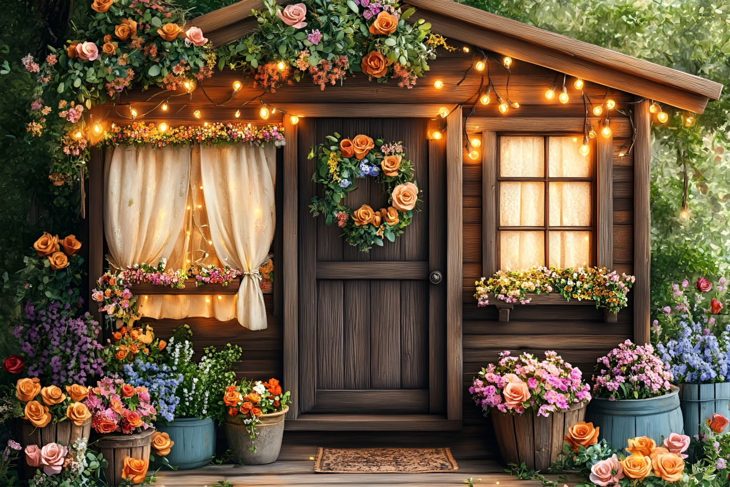 Spring Backdrops Warm Lights Cozy Cottage Floral Backdrop UK LXX1-141