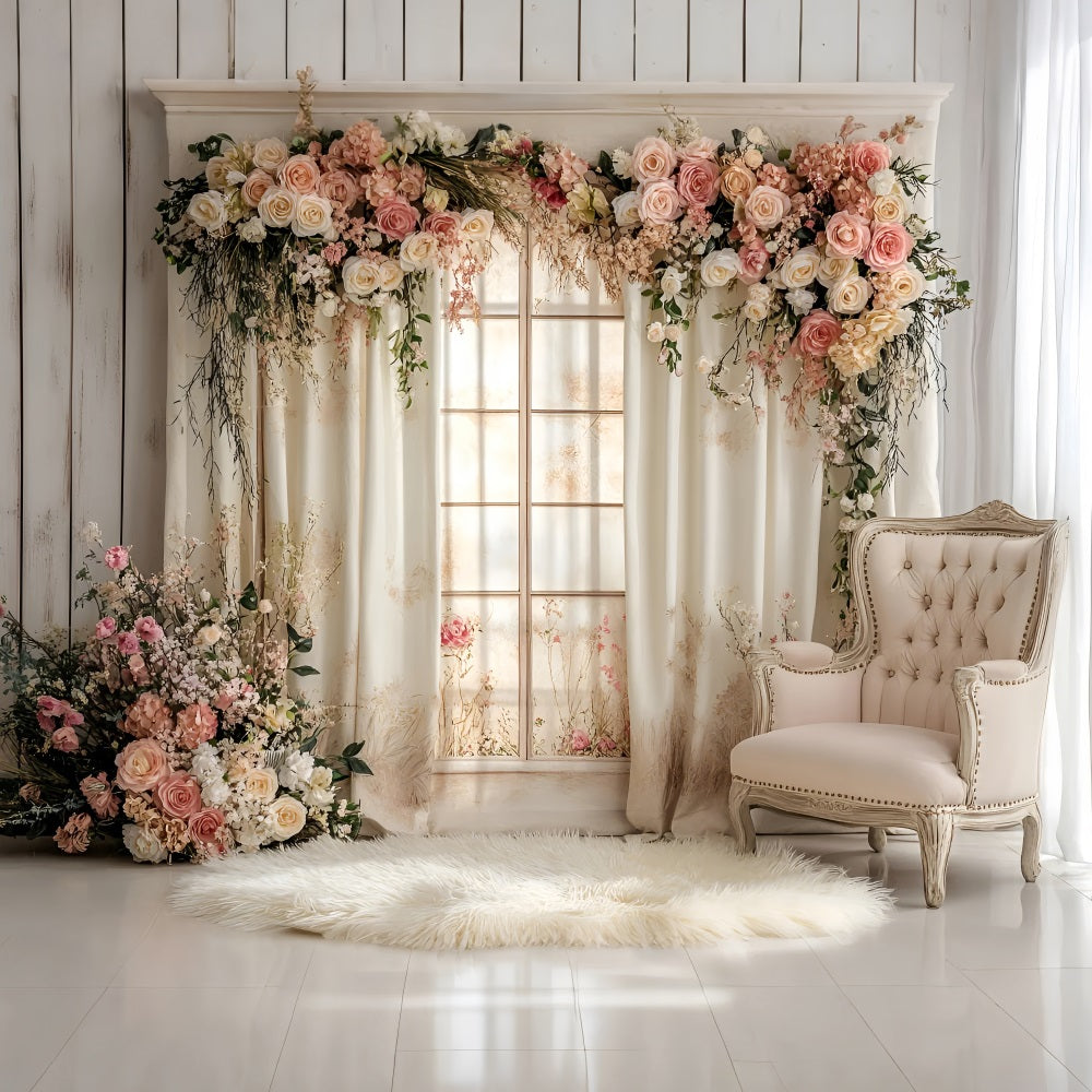 Spring Backdrops Photography White Drapes Roses Backdrop UK LXX1-142