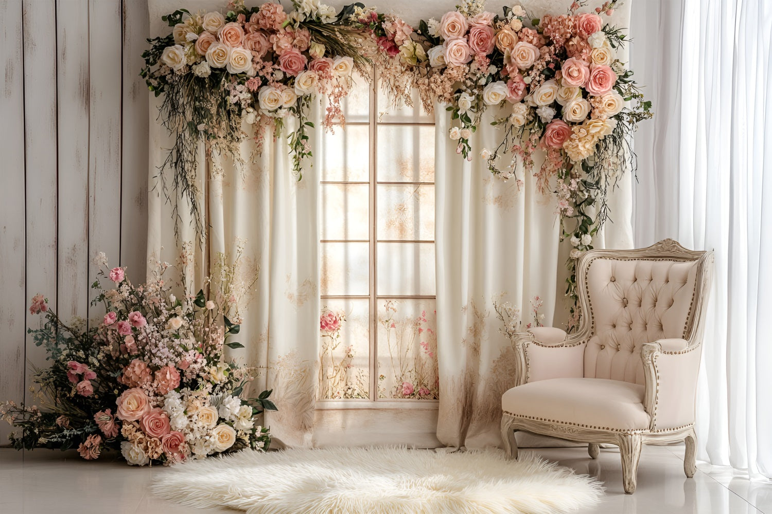 Spring Backdrops Photography White Drapes Roses Backdrop UK LXX1-142