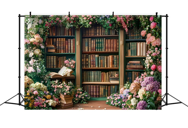 Spring Backdrop Photography Bookcase Blooming Roses Backdrop UK LXX1-144