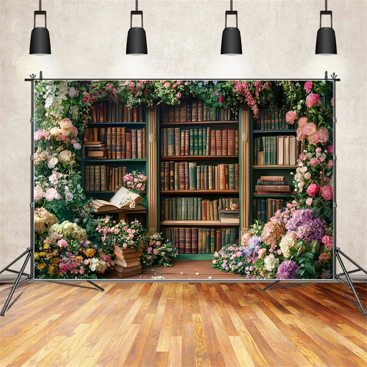 Spring Backdrop Photography Bookcase Blooming Roses Backdrop UK LXX1-144