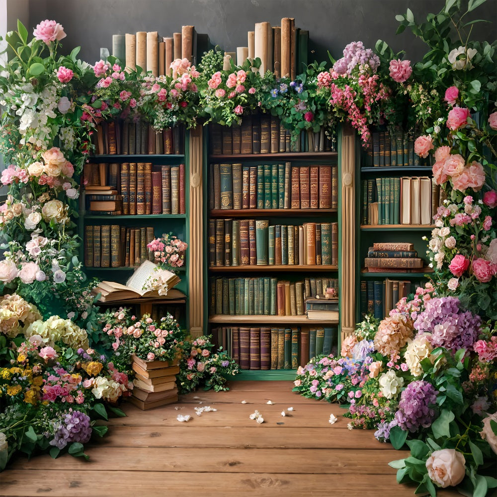 Spring Backdrop Photography Bookcase Blooming Roses Backdrop UK LXX1-144