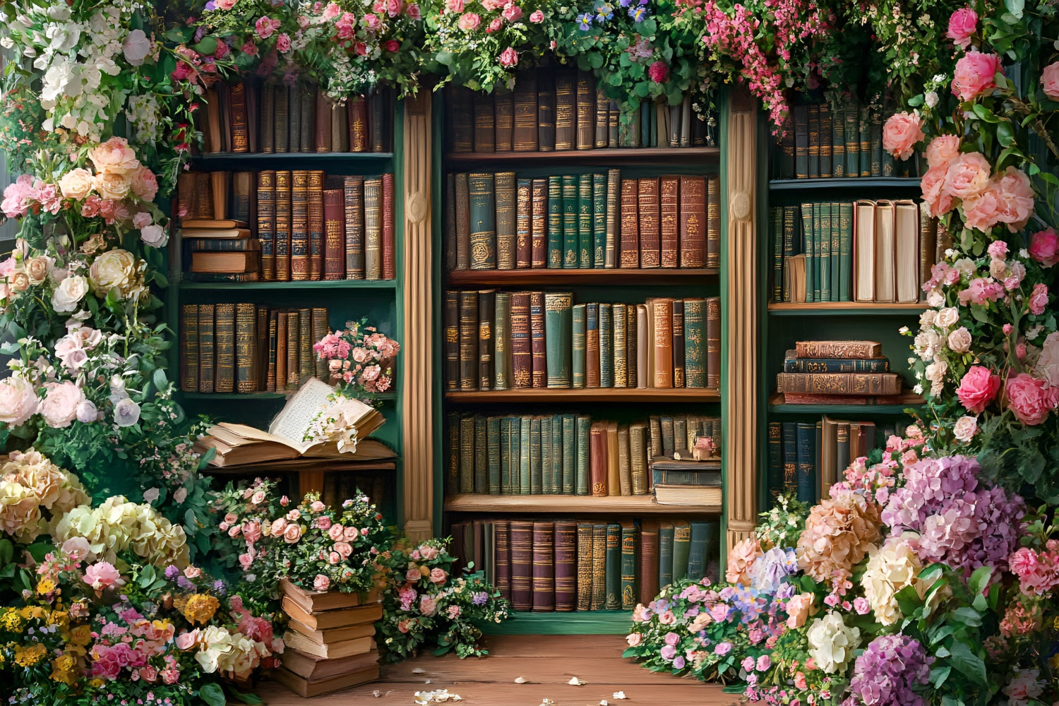 Spring Backdrop Photography Bookcase Blooming Roses Backdrop UK LXX1-144