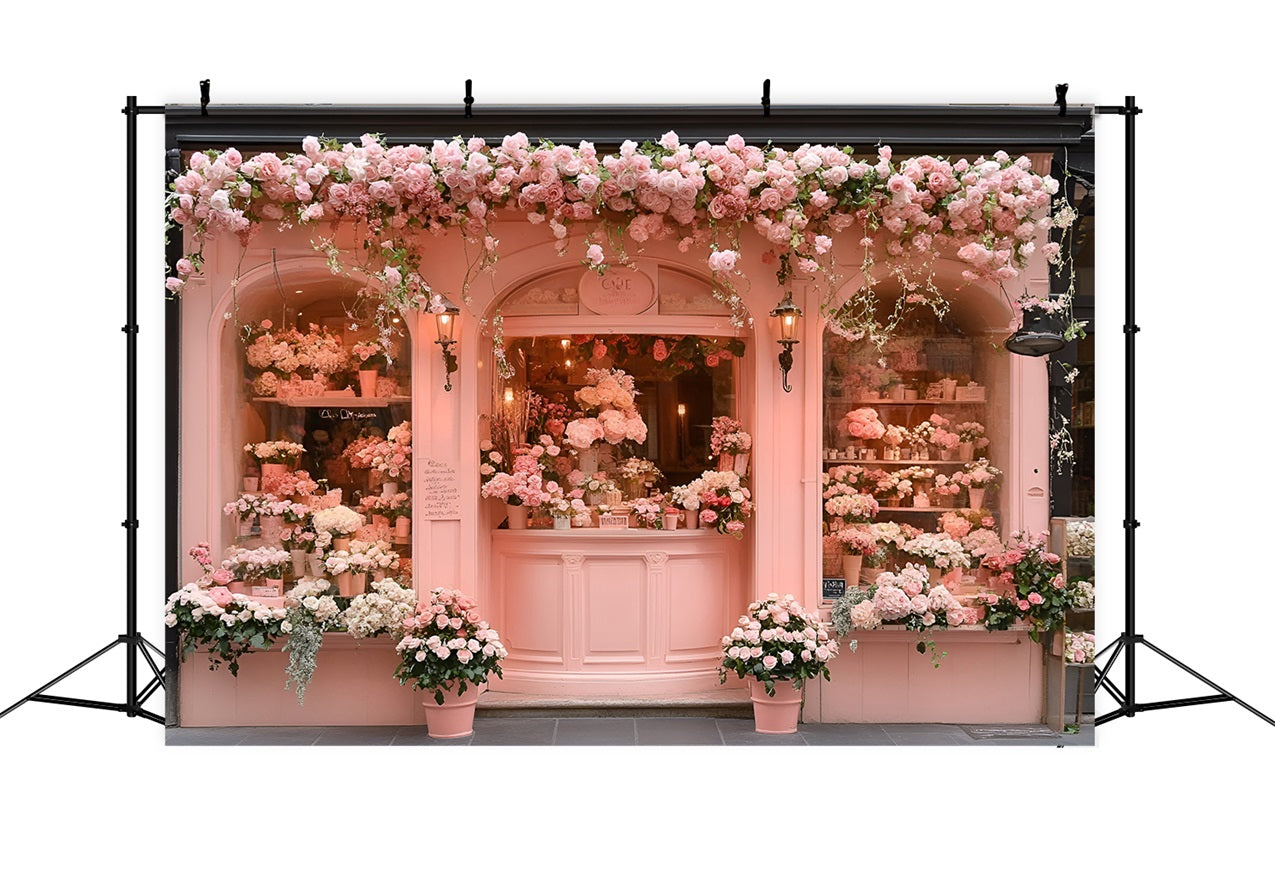 Spring Photography Backdrop Fairytale Pink Storefront Roses Backdrop UK LXX1-156