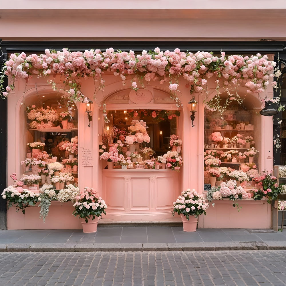 Spring Photography Backdrop Fairytale Pink Storefront Roses Backdrop UK LXX1-156