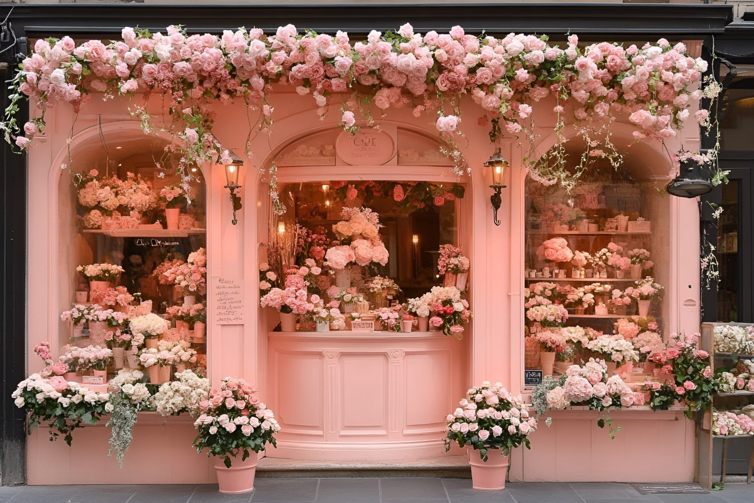 Spring Photography Backdrop Fairytale Pink Storefront Roses Backdrop UK LXX1-156