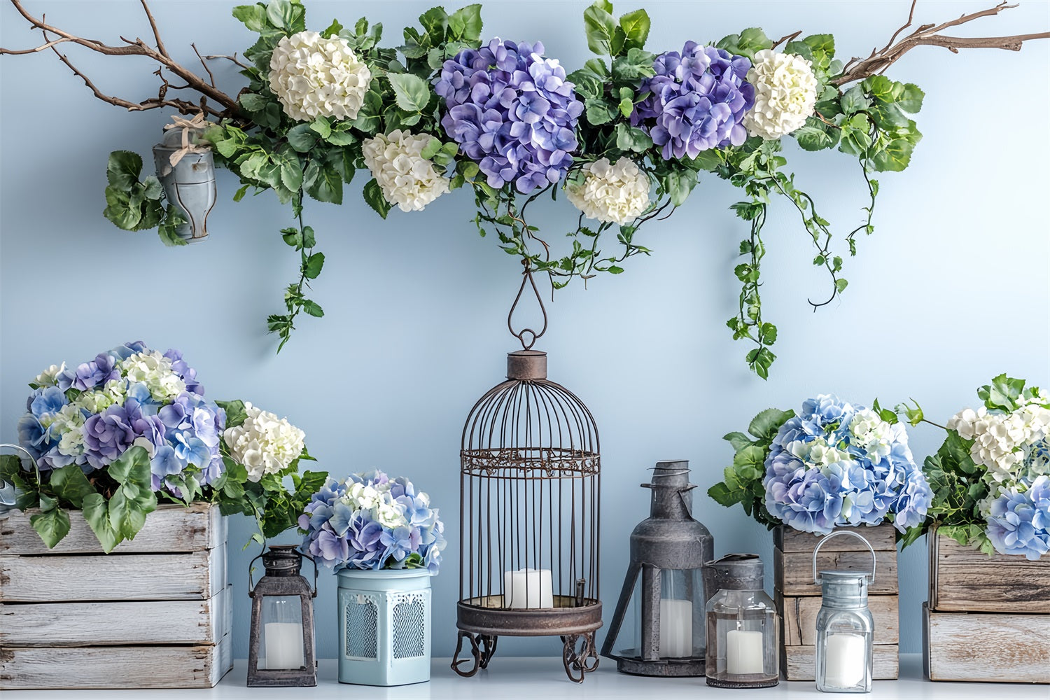 Backdrops For Spring Blue Floral Arrangement Lantern Backdrop UK LXX1-16