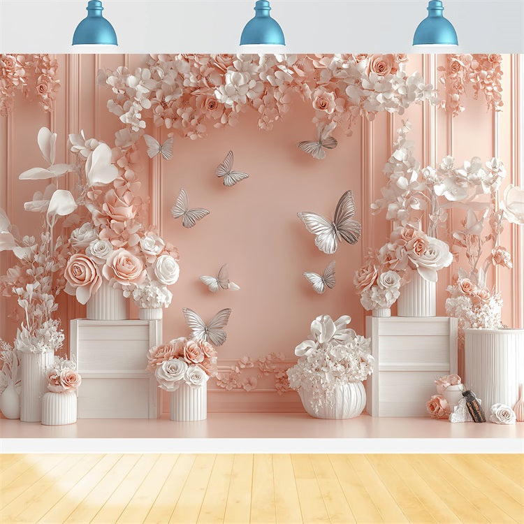 Spring Floral Backdrop Pink Butterfly Photography Backdrop UK LXX1-18