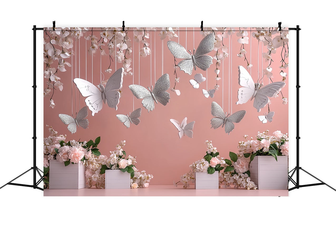 Spring Themed Backdrop Hanging Flowers Silver Butterflies Backdrop UK LXX1-19