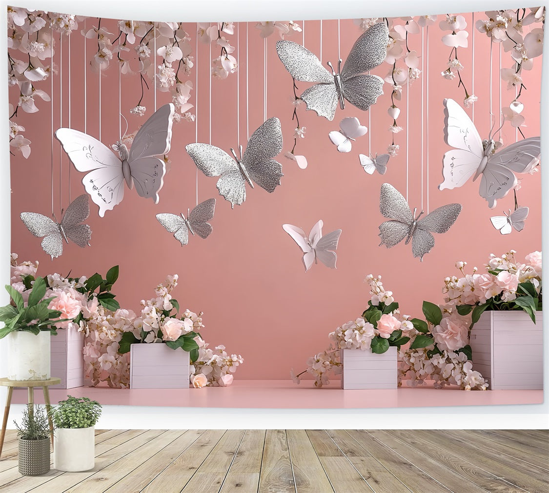 Spring Themed Backdrop Hanging Flowers Silver Butterflies Backdrop UK LXX1-19