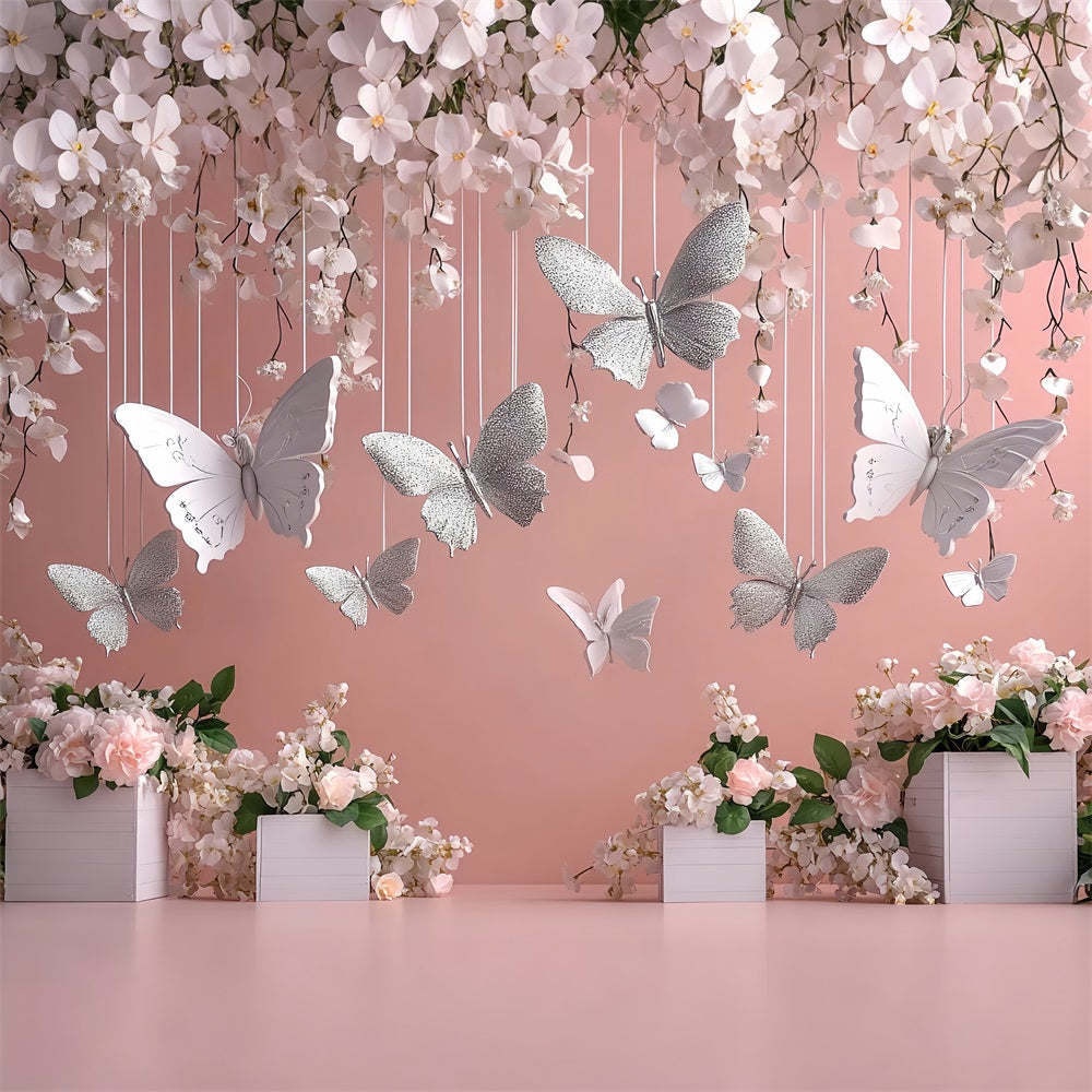 Spring Themed Backdrop Hanging Flowers Silver Butterflies Backdrop UK LXX1-19