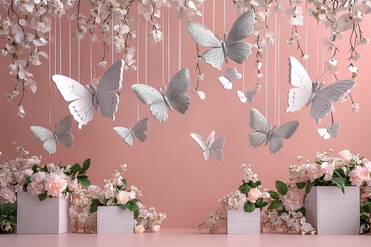 Spring Themed Backdrop Hanging Flowers Silver Butterflies Backdrop UK LXX1-19